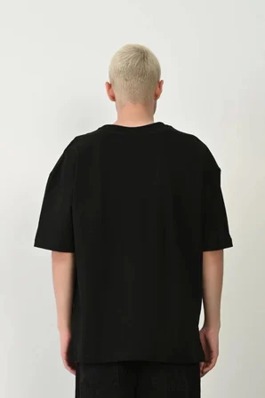 Unisex Baskılı Bisiklet Yaka Oversize T-Shirt - Siyah