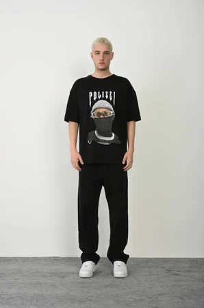 Unisex Baskılı Bisiklet Yaka Oversize T-Shirt - Siyah