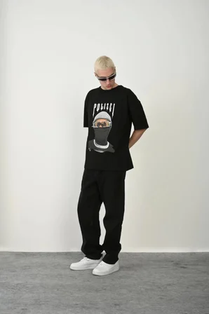 Unisex Baskılı Bisiklet Yaka Oversize T-Shirt - Siyah