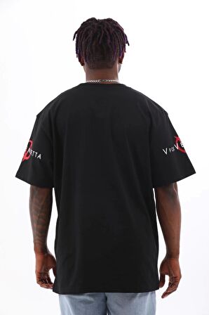 Unisex Oversize Baskılı Bisiklet Yaka T-Shirt - Siyah