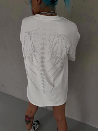 Unisex Taşlı Bisiklet Yaka T-Shirt - Beyaz