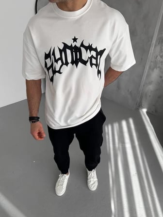 Erkek Baskılı Bisiklet Yaka T-Shirt - Beyaz