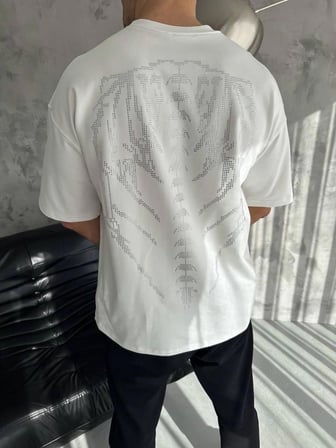 Unisex Taşlı Bisiklet Yaka T-Shirt - Beyaz