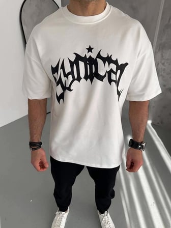 Unisex Taşlı Bisiklet Yaka T-Shirt - Beyaz