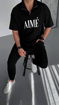 Unisex Yarım Fermuarlı Baskılı T-Shirt - Siyah