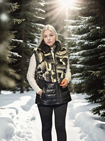 Kadın Kolsuz Hakiki Deri Kürk - Siyah