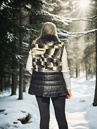 Kadın Kolsuz Hakiki Deri Kürk - Siyah