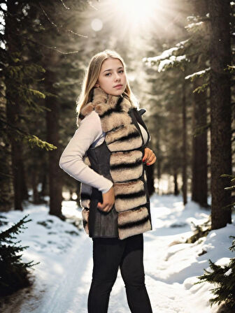 Kadın Kolsuz Hakiki Deri Kürk - Siyah