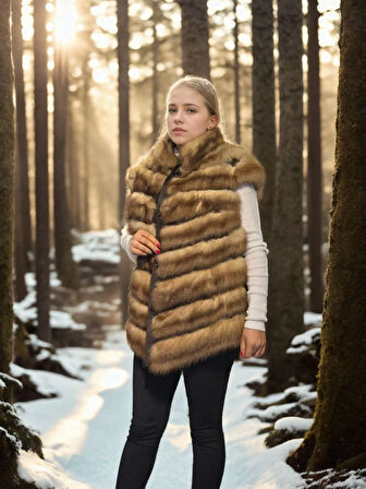 Kadın Kolsuz Hakiki Kürk - Kahve