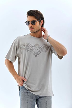 Unisex Oversize Taşlı Bisiklet Yaka T-Shirt - Gri