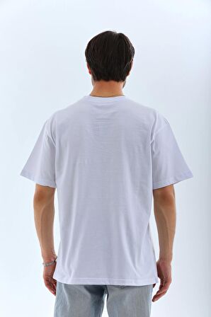 Unisex Oversize Düz Bisiklet Yaka T-Shirt - Beyaz