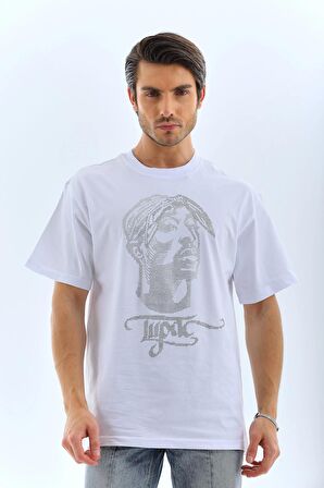 Unisex Oversize Taşlı Bisiklet Yaka T-Shirt - Beyaz