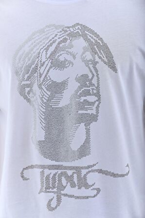 Unisex Oversize Taşlı Bisiklet Yaka T-Shirt - Beyaz