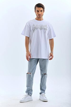 Unisex Oversize Taşlı Bisiklet Yaka T-Shirt - Beyaz