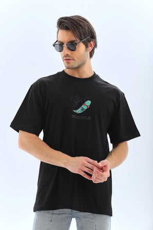 Erkek Kısa Kol Baskılı Bisiklet Yaka T-Shirt - Siyah