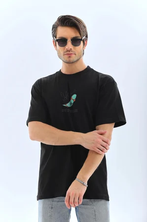 Unisex Oversize Baskılı Bisiklet Yaka T-Shirt - Siyah