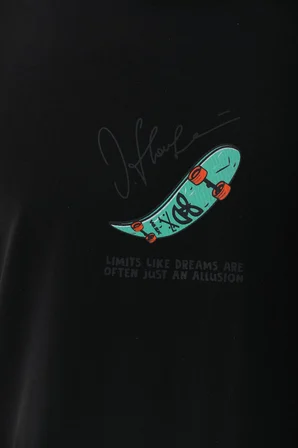 Unisex Oversize Baskılı Bisiklet Yaka T-Shirt - Siyah