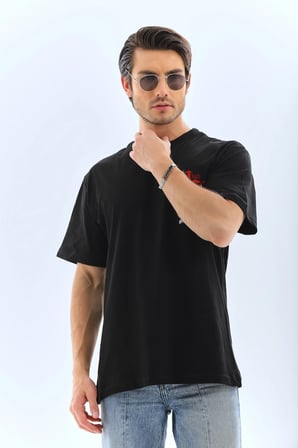 Erkek Baskılı T-Shirt Kısa Kol Bisiklet Yaka Rahat Kalıp Tişört  - Siyah