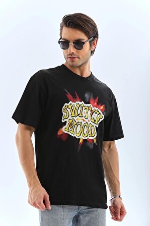 Unisex Oversize Baskılı Bisiklet Yaka T-Shirt - Siyah