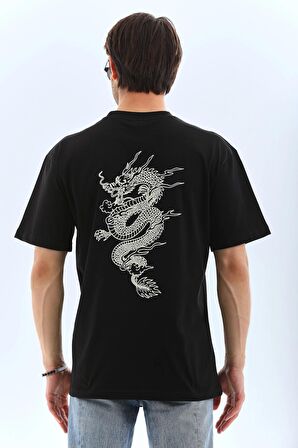 Unisex Oversize Baskılı Bisiklet Yaka T-Shirt - Siyah