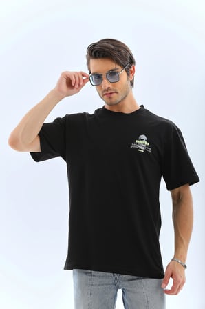 Erkek Baskılı Bisiklet Yaka Kısa kol T-Shirt - Siyah