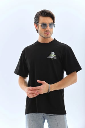 Erkek Baskılı Bisiklet Yaka Kısa kol T-Shirt - Siyah