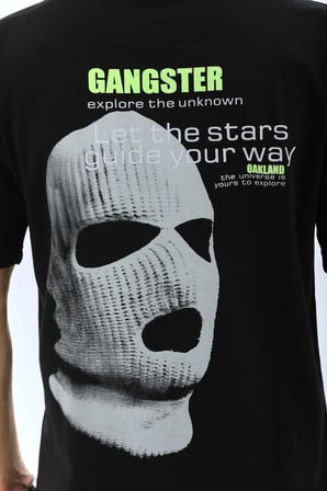 Unisex Oversize Baskılı Bisiklet Yaka T-Shirt - Siyah