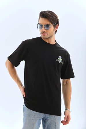 Unisex Oversize Baskılı Bisiklet Yaka T-Shirt - Siyah