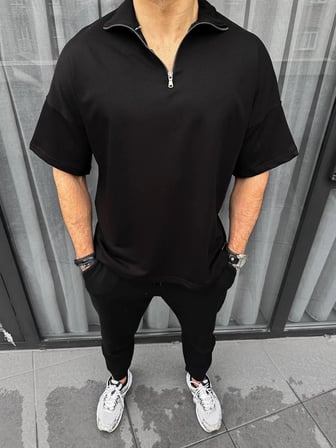 Erkek Yarım Fermuarlı Kısa kol T-Shirt - Siyah