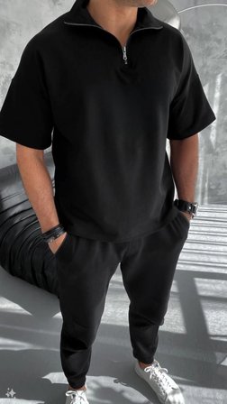 Erkek Yarım Fermuarlı Kısa kol T-Shirt - Siyah