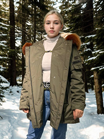 Kadın Su Geçirmez Kapüşonlu Mont - Haki