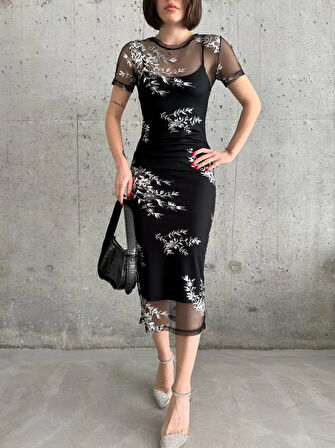 Kadın Baskılı Şifon Kimono Elbise - Siyah