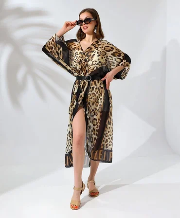 Kadın Rahat Kesim Şifon Kimono - Leopar