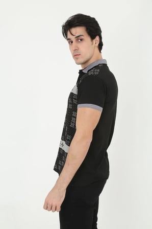 Erkek Polo Yaka tişört Slim Fit Baskılı Kısa kol T-Shirt - Siyah