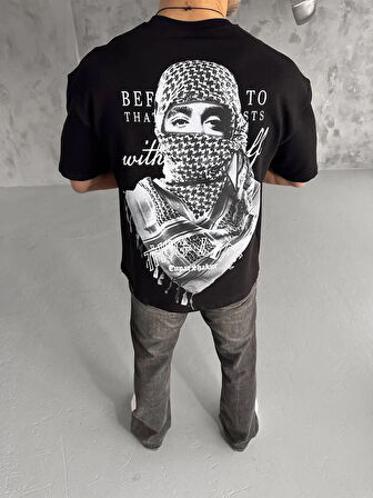 Unisex Baskılı Oversize T-Shirt - Siyah