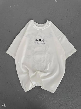 Kadın Baskılı Kısa kol Oversize T-Shirt - Beyaz