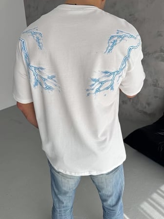 Erkek Yıldırım Şimşek Baskılı T-Shirt Kısa Kol Bisiklet Yaka Tişört - Beyaz