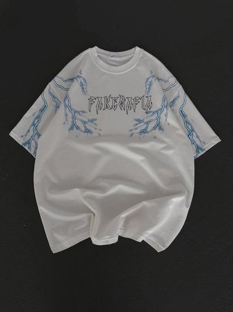 Erkek Yıldırım Şimşek Baskılı T-Shirt Kısa Kol Bisiklet Yaka Tişört - Beyaz