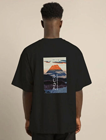 Unisex Bisiklet Yaka Baskılı Oversize T-Shirt - Siyah