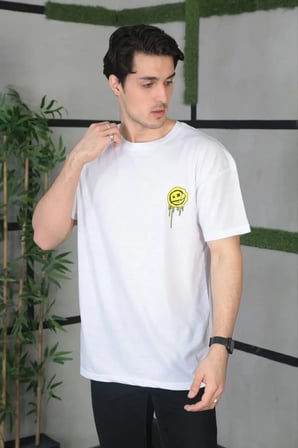 Erkek Kısa Kol Yazlık Tişört Bisiklet Yaka Baskılı Oversize T-Shirt - Beyaz