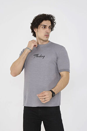 Unisex Bisiklet Yaka Slim fit T-Shirt- Gri