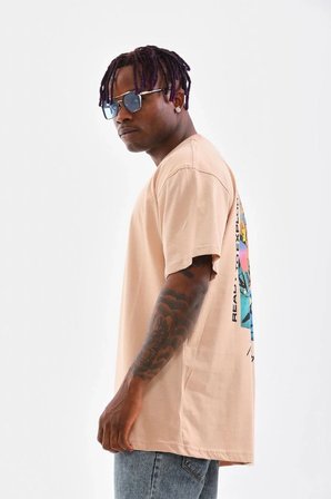 Erkek  Bisiklet Yaka Baskılı Oversize T-Shirt - Bej