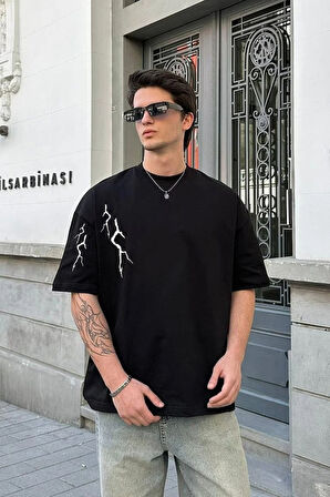 Unisex Bisiklet Yaka Baskılı Oversize T-Shirt - Siyah