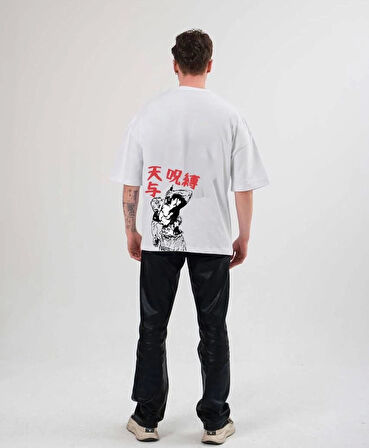 Unisex Bisiklet Yaka Baskılı Oversize T-Shirt - Beyaz