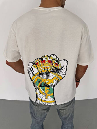 Unisex Bisiklet Yaka Baskılı Oversize T-Shirt - Beyaz