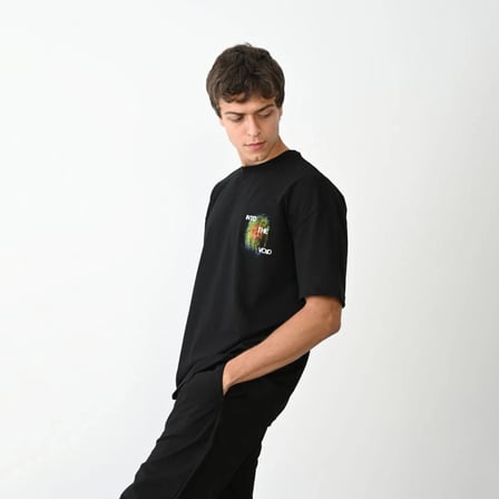 Erkek Kısa Kol Yazlık Tişört Bisiklet Yaka Baskılı Oversize T-Shirt - Siyah