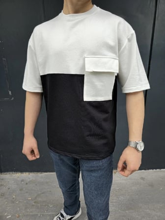 Erkek Kısa Kol Yazlık Tişört Torba Cepli Parçalı T-Shirt - Siyah