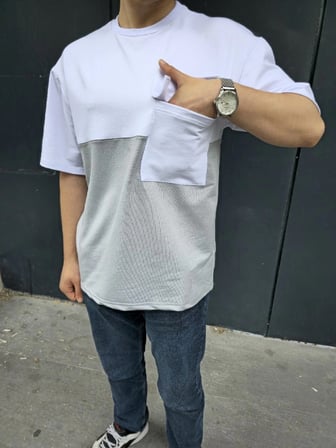 Erkek Kısa Kol Yazlık Tişört Torba Cepli Parçalı T-Shirt - Gri
