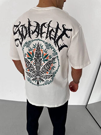 Unisex Bisiklet Yaka Baskılı Oversize T-Shirt - Beyaz