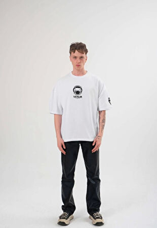 Unisex Bisiklet Yaka Baskılı Oversize T-Shirt - Beyaz